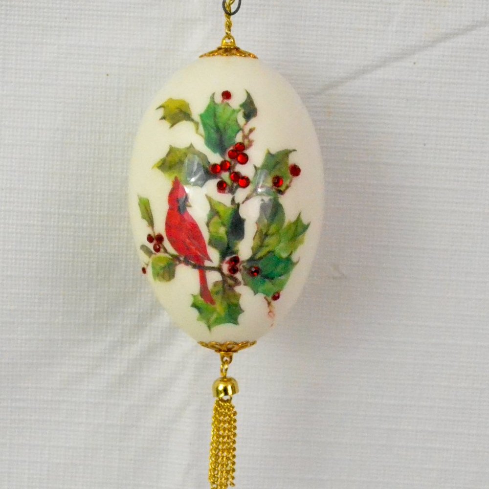 Painted Cardinal w/Ruby Red Jewels on White Egg w/ Gold Chains Hanging Ornament